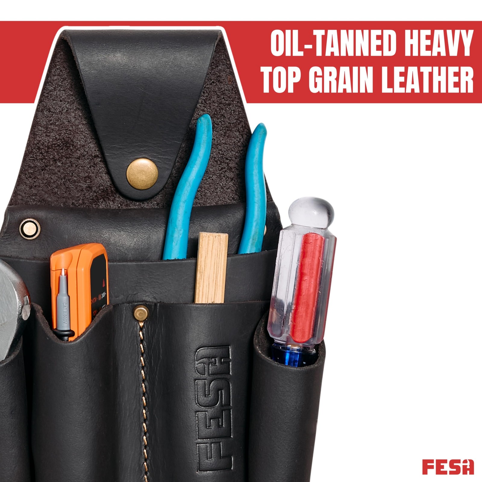 Leather Electrician Tool Pouch Pocket Caddy Clip On with Voltage Meter Brown