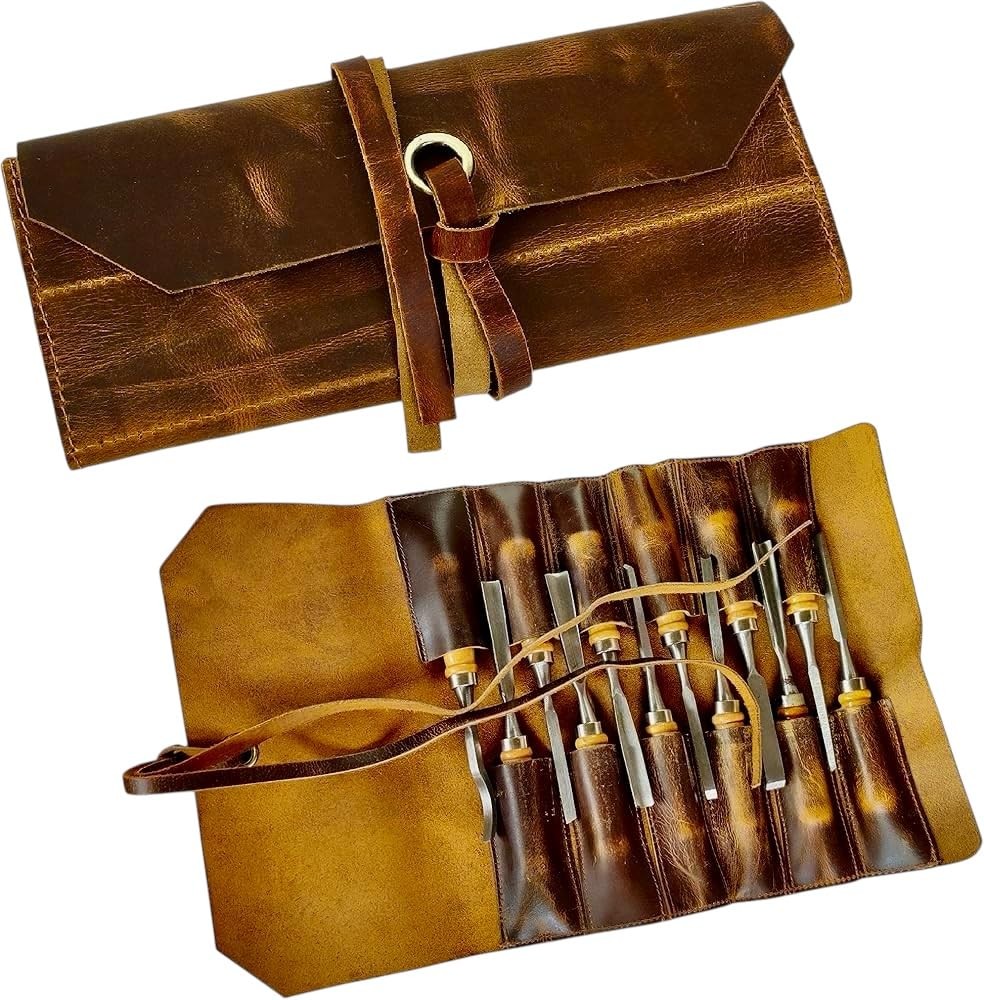 1 PCS Brown Genuine Leather Tool Roll Up Pouch 12 Pockets Wrench Bag 18×12″
