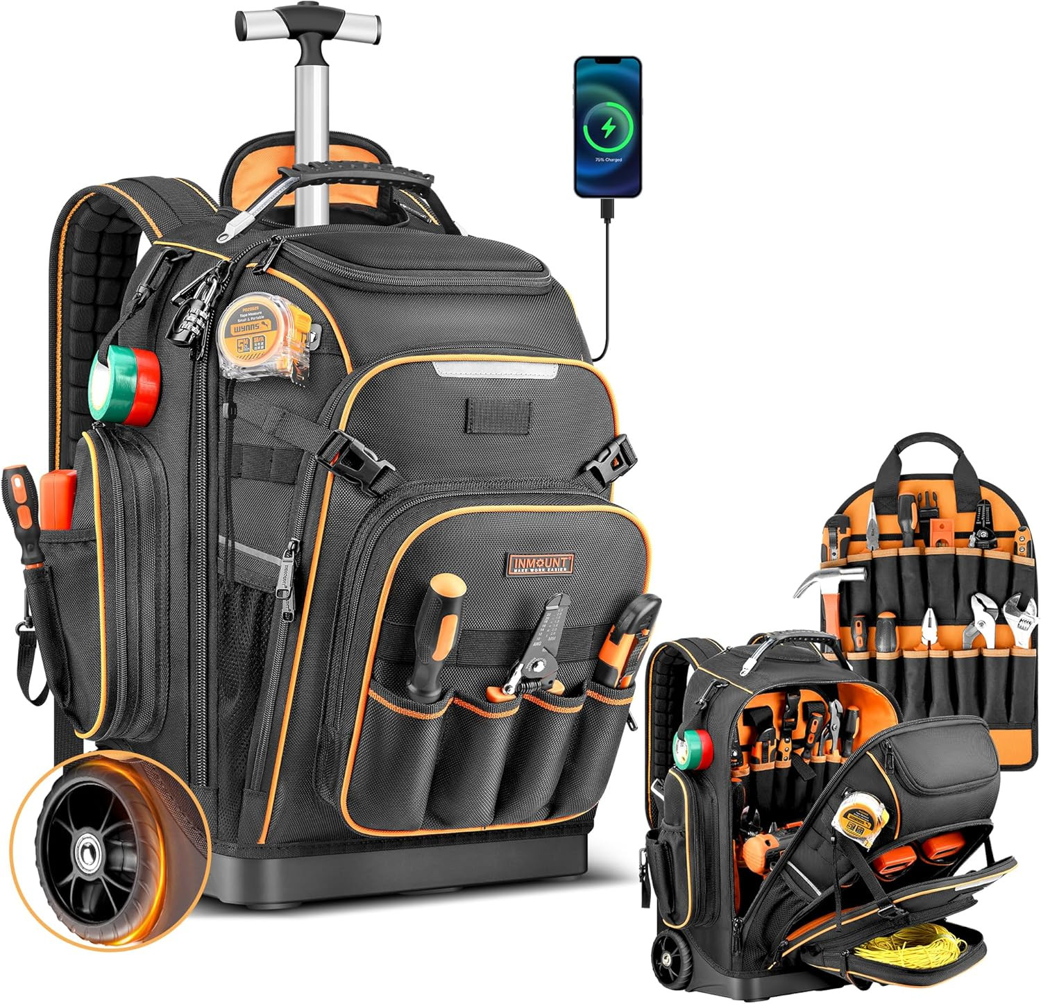 Heavy Duty Rolling Tool Backpack with Wheels & USB Port for Pros
