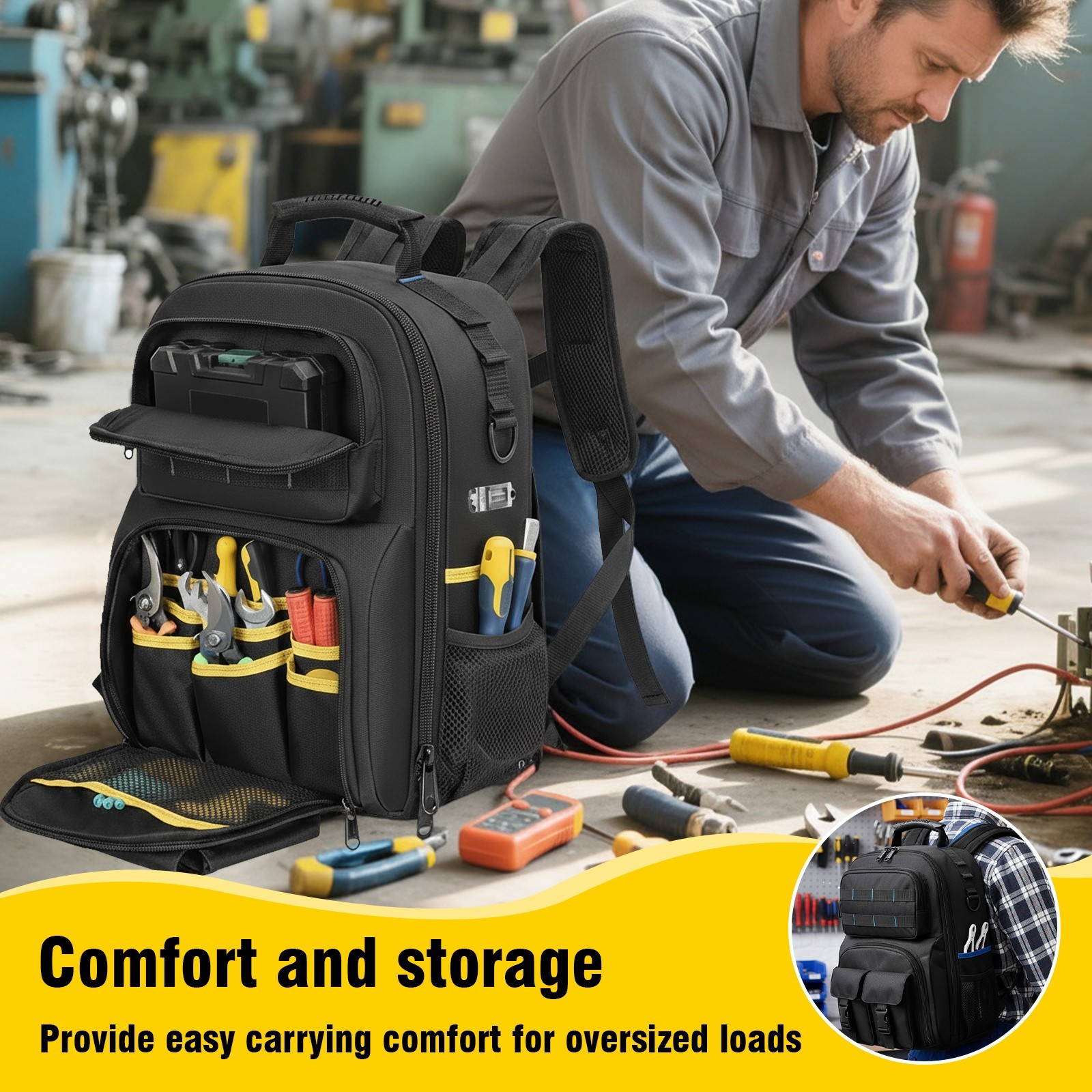 Heavy Duty Tool Backpack for Men Electrician HVAC Construction Bag w/ 59 Pockets