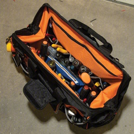 KLEIN TOOLS Tool Bag: 17 1/2″ W x 10″ D x 16″ H, Black, Polyester, 42 Pocket New