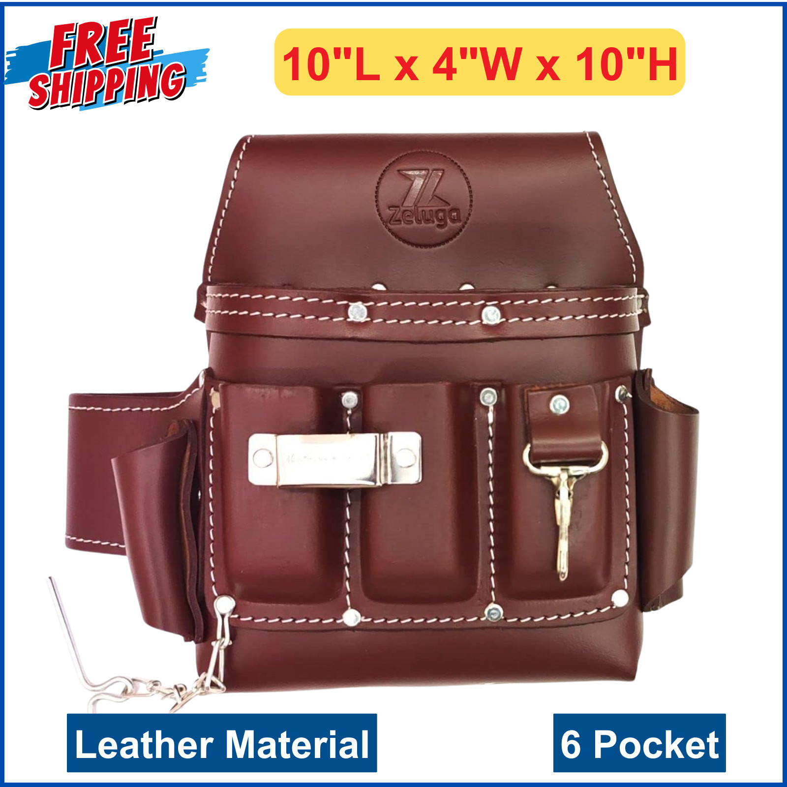 Zeluga 6 Pockets Leather Electrician Tool Pouch, Cherry, Heavy-Duty Stitched