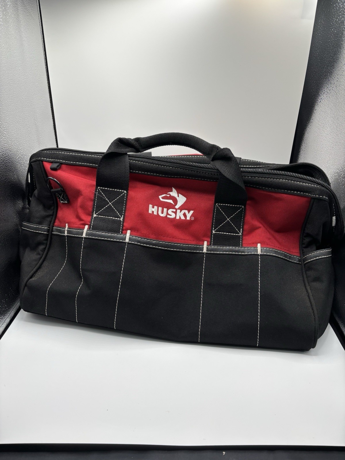 Husky Tool Bag Fabric Black Red Adjustable Strap Multiple 15 Pockets 20”