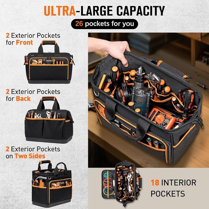 Heavy Duty Tool Bag 26 Pockets Waterproof Organizer Wide Open Design Crossbody