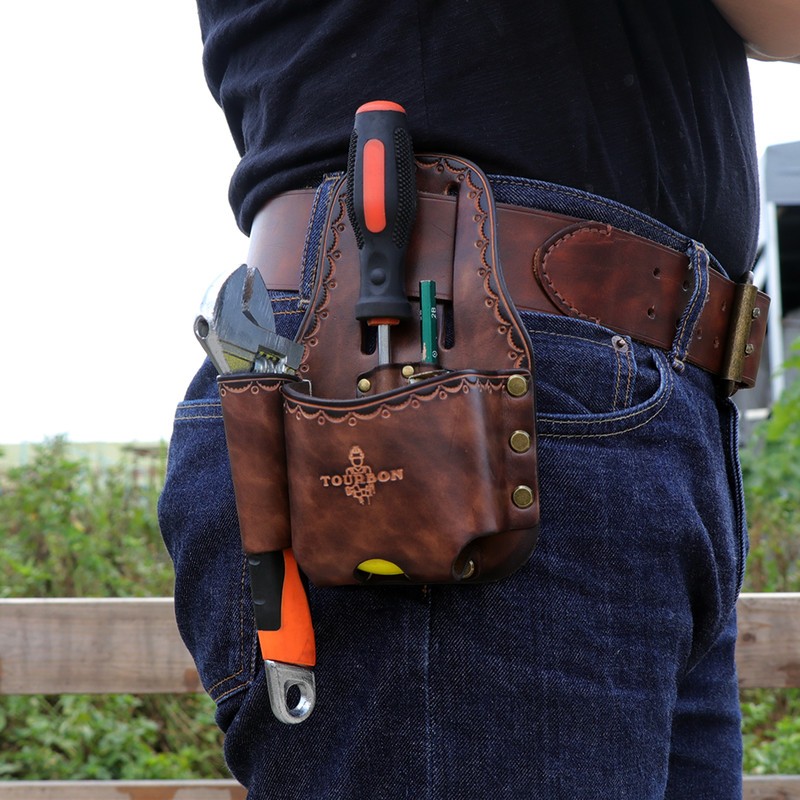 TOURBON Leather Tape Measuring Belt Pouch Knife Holder Contractor Pencil Case