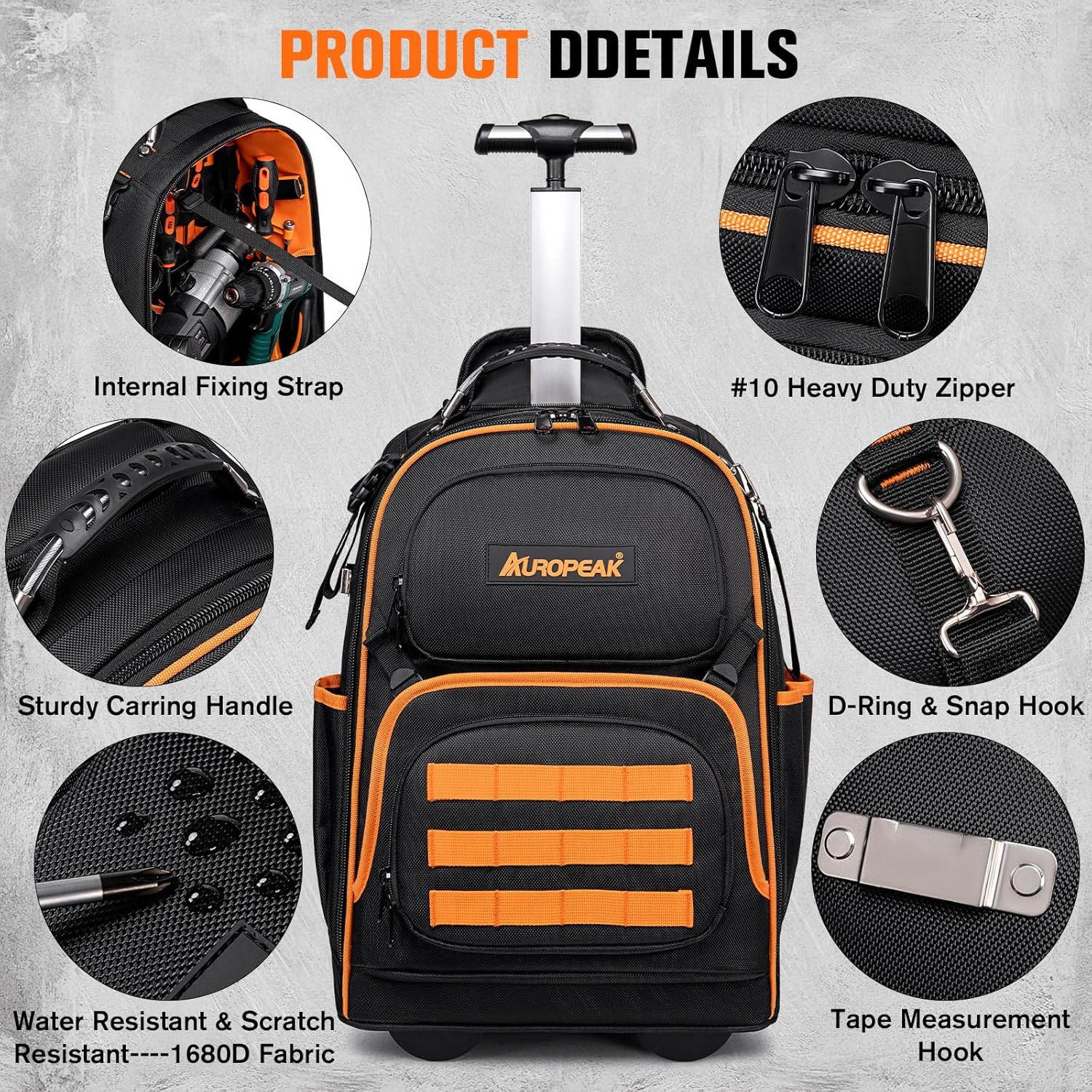 Durable 2-in-1 Rolling Tool Backpack with 47 Pockets & Smooth Wheels