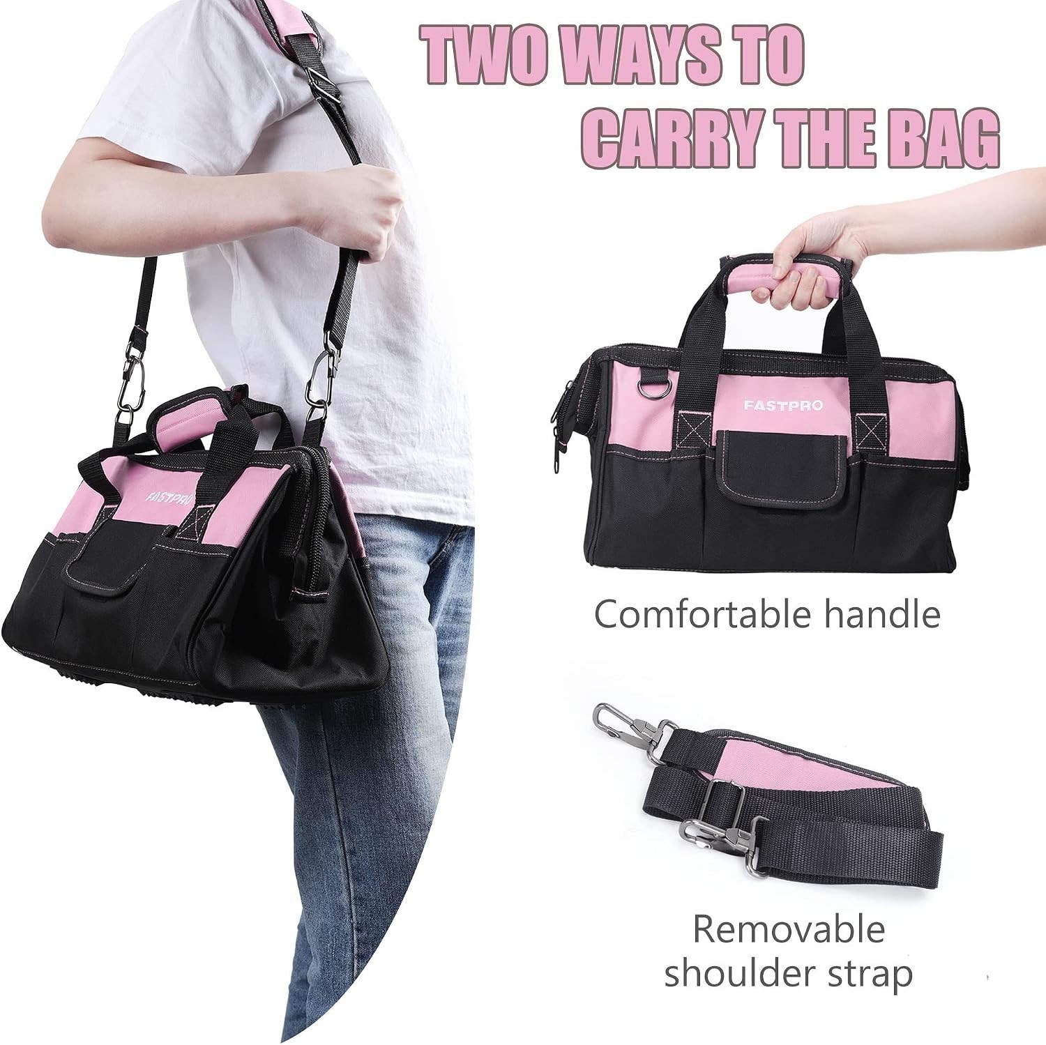 14-Inch Pink Tool Bag for Women, Zip-top Wide Mouth Open Tool Organizer, with…