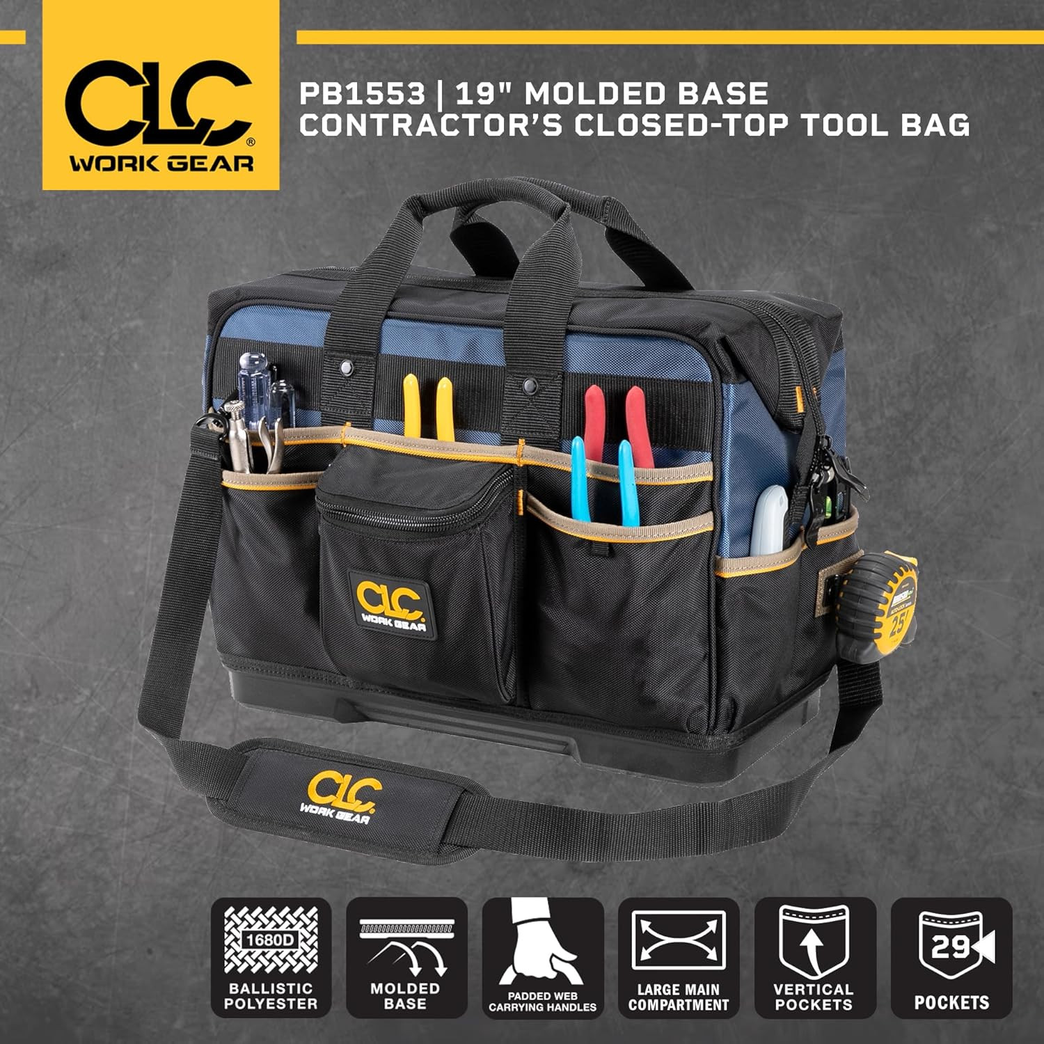CLC Work Gear 19″ Closed-Top Tool Bag with Molded Base for Contractors