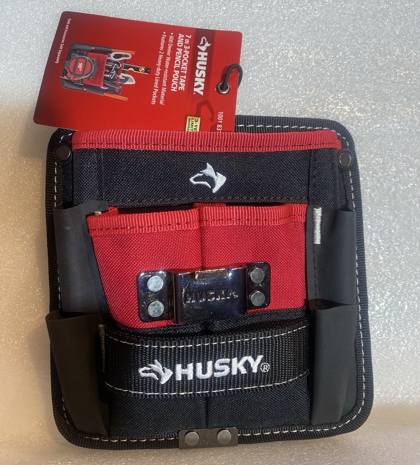 Husky Tool Belt Pouch 3 Pocket Clip On 7 in Water Resistant Heavy Duty Storage
