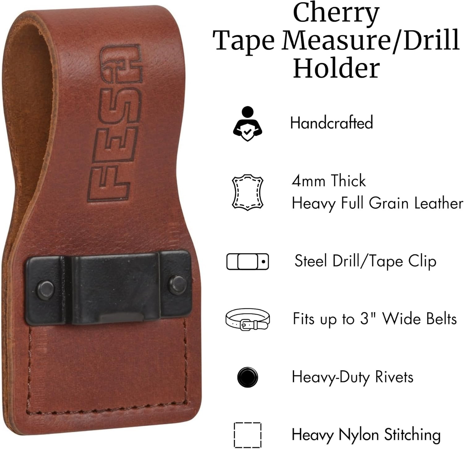 Leather Tape Measure Holder or Drill Holder for Tool Belt – Full Grain w/Stee…