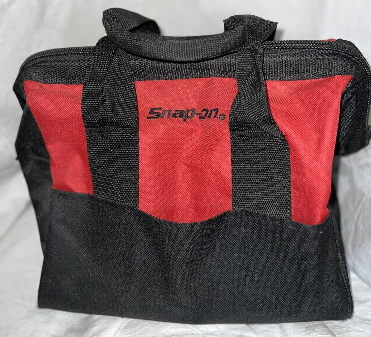 Snap-On Tool Bag Red Wide Mouth Zipper Close Double Handle Outer Sleeve Pockets
