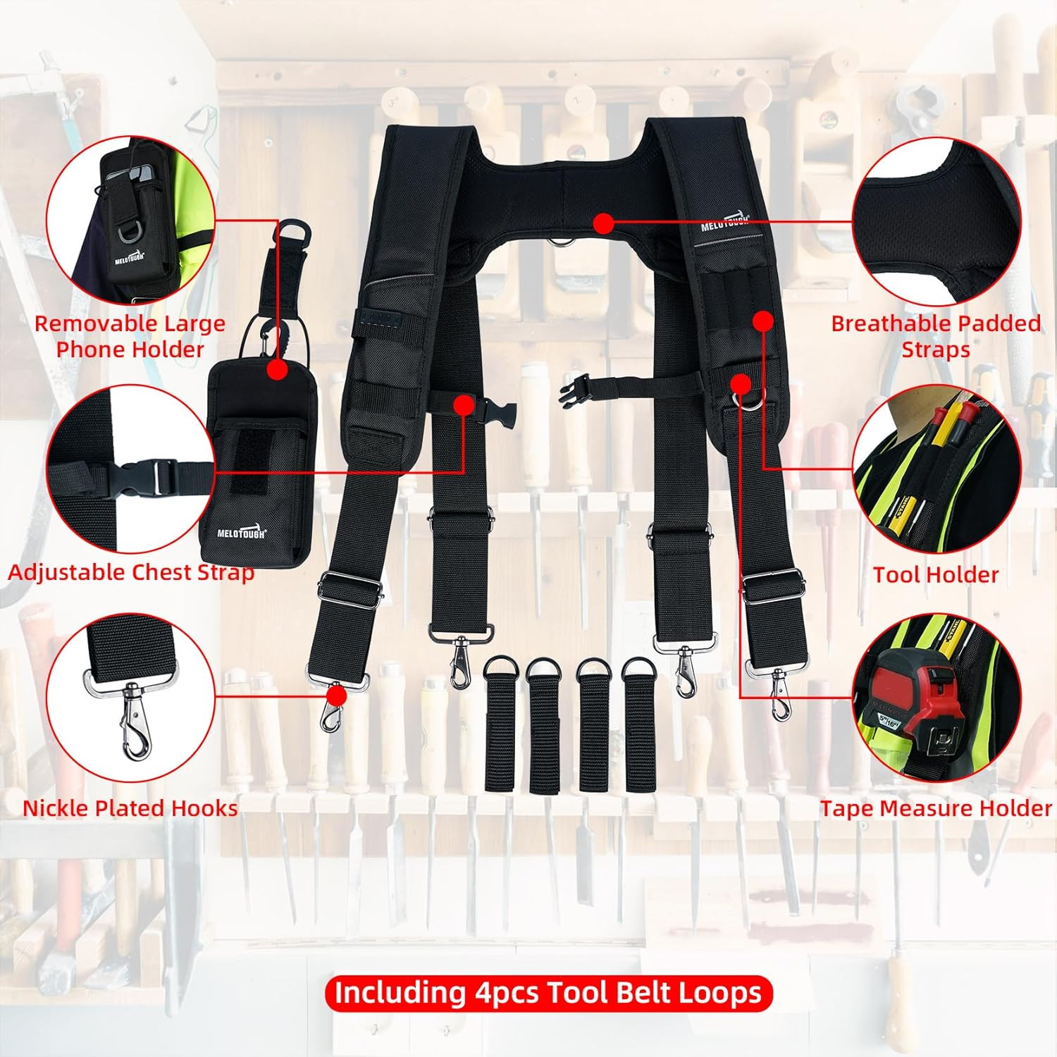 MELOTOUGH Tool Belt Suspenders Construction Bag Suspenders Padded Work Belt
