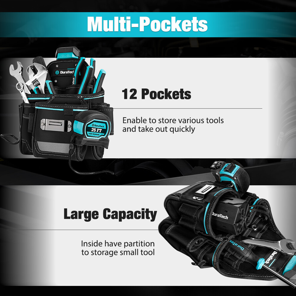 DuraTech Large Capacity Tool Pouch w/Belt Clip Electrician Tool Pouch 12 Pockets