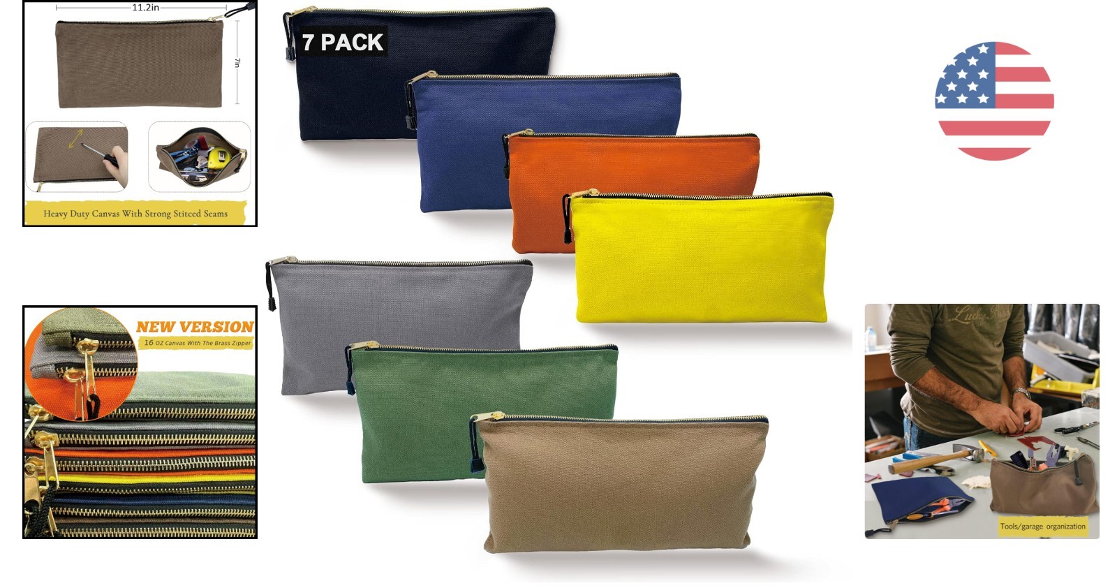 Assorted Color Heavy Duty 7 Zipper Pouches – Ideal for Tools & Travel 12.5″ x 7″