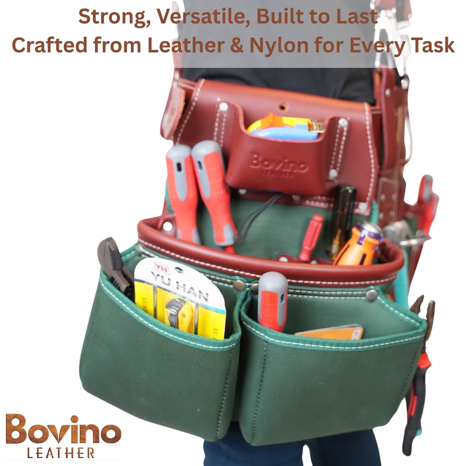 Bovino Leather Nylon Tool Belt , 21 Pockets Framer Belt, Durable Tool Pouches