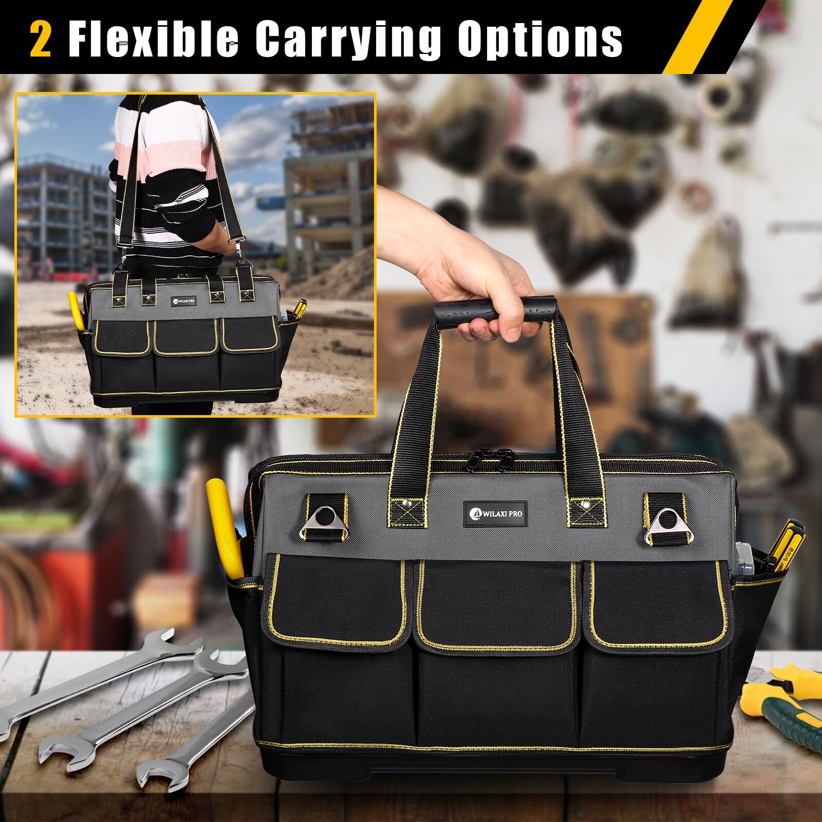 17 inch Tool Bag with Waterproof Molded Base High Capacity Wide Mouth Tote