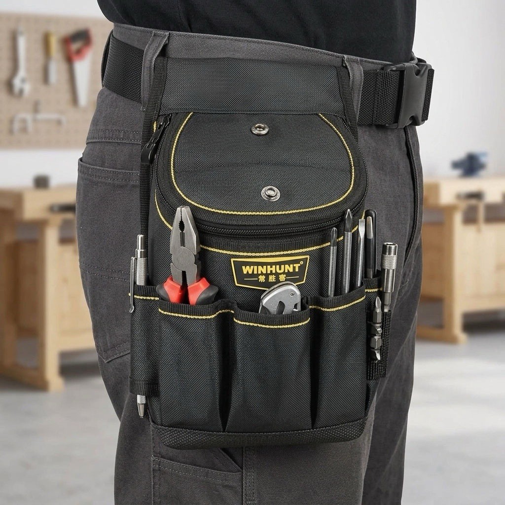 Professional 15-Pocket Tool Belt Pouch Heavy Duty Electrician Waist Bag Black