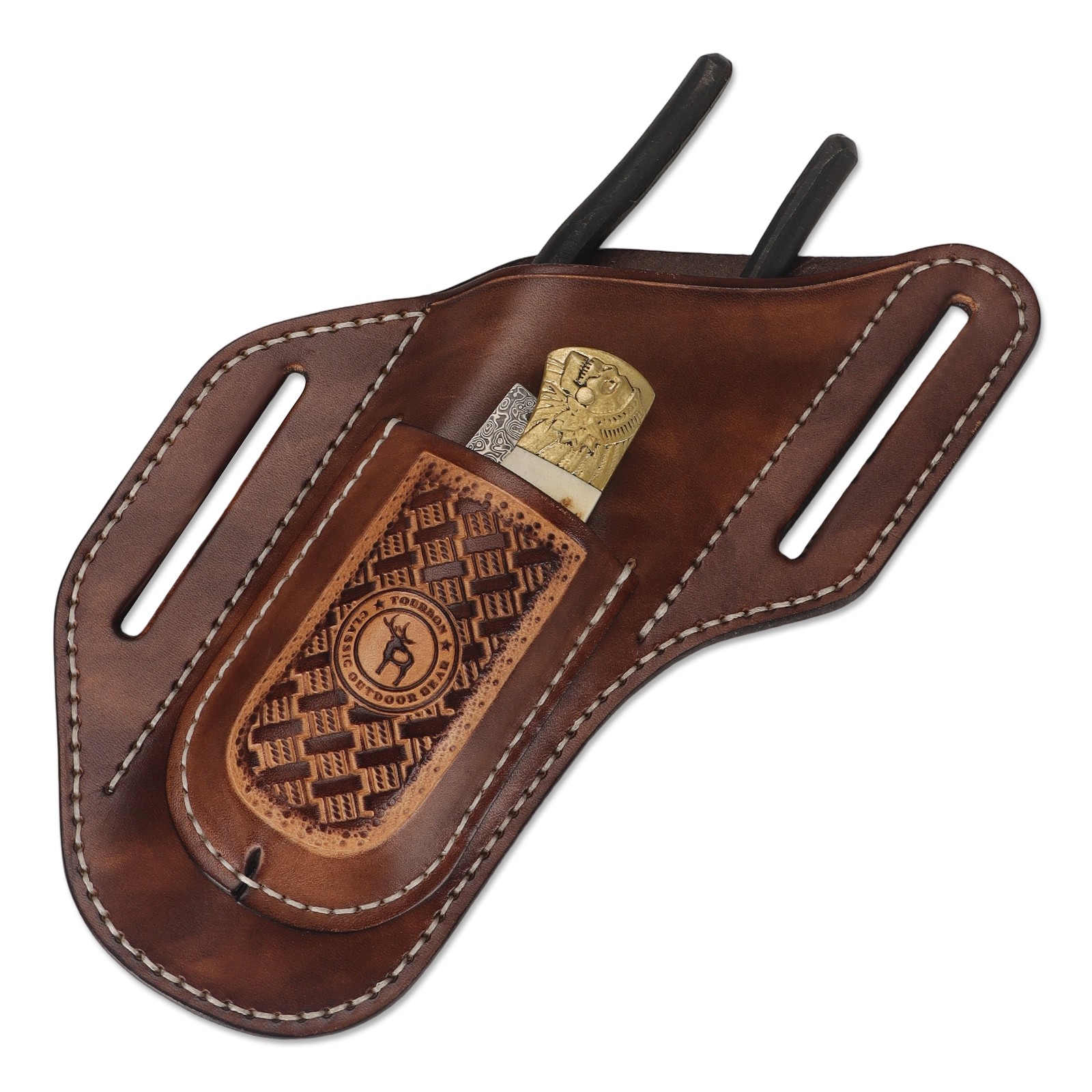 TOURBON 2-in-1 Leather Tool Pouch Angled Cross Draw Folding Knife Pliers Holster