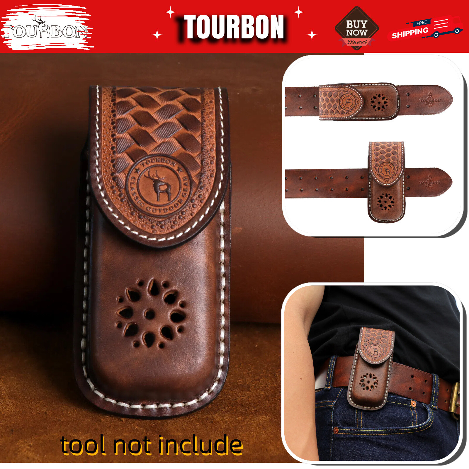 TOURBON Leather Pocket Knife Sheath Folding Knives Case Belt Pouch EDC Holder