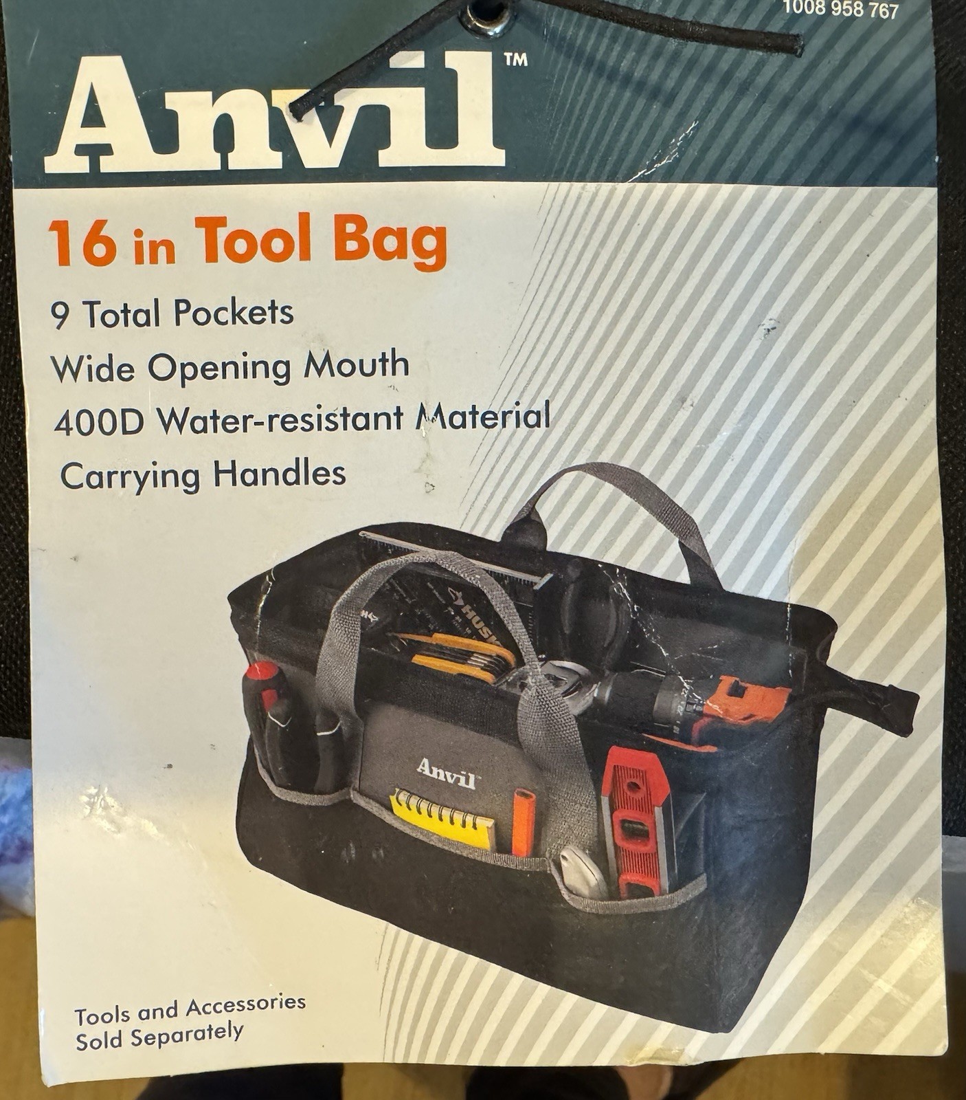 Anvil 16 in Tool Bag, 9 Pockets, 400D Water-resistant, Wide Mouth, Black/Gray