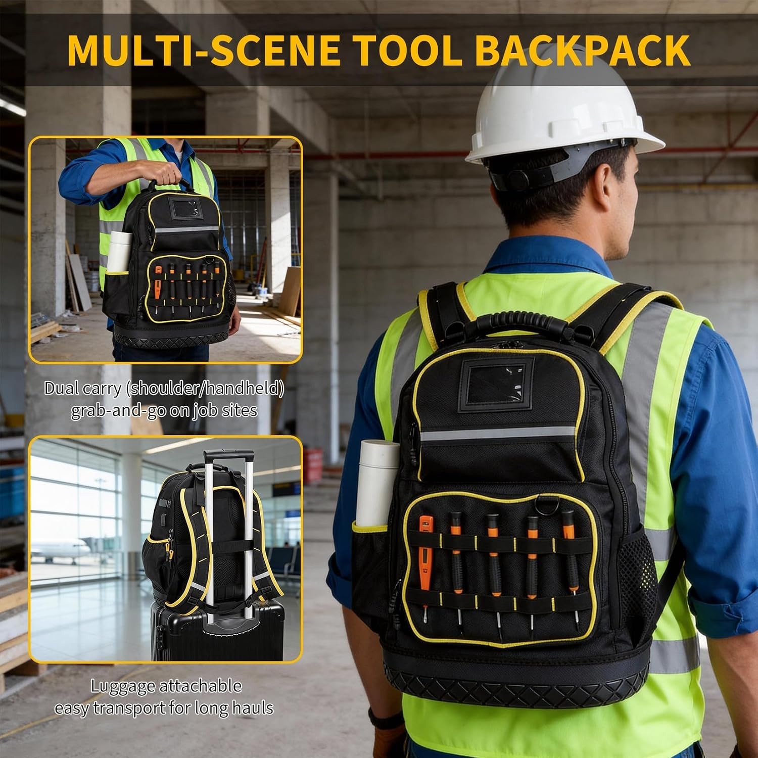 Professional 18 Inch Tool Backpack Oxford Work Bag Hard Bottom Laptop Tool Bag