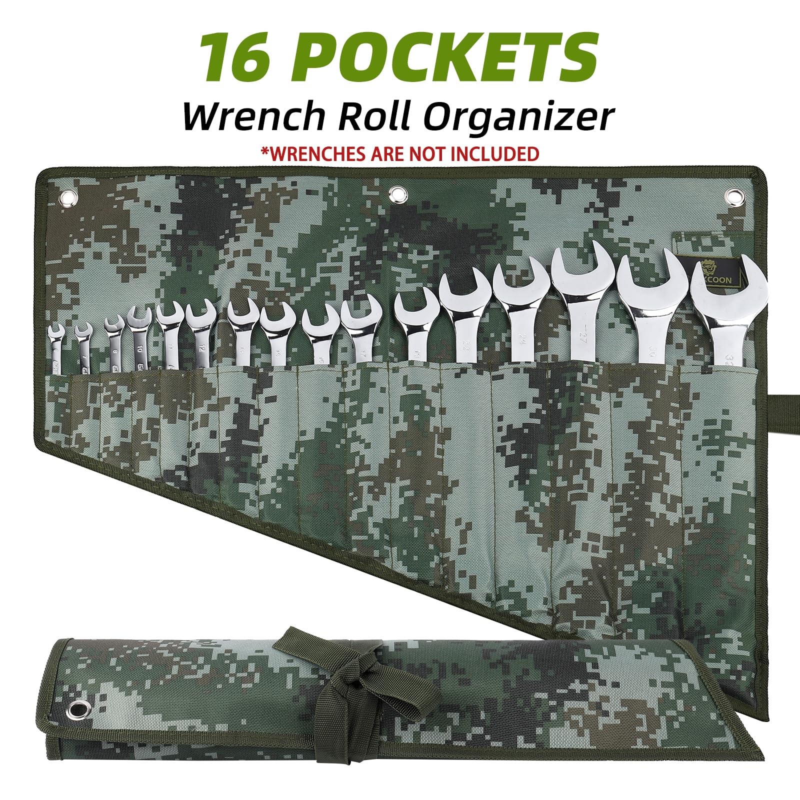 ROCKCOON 16 Pocket Wrench Roll Organizer, Rolled 19 inches, Dark Camouflage