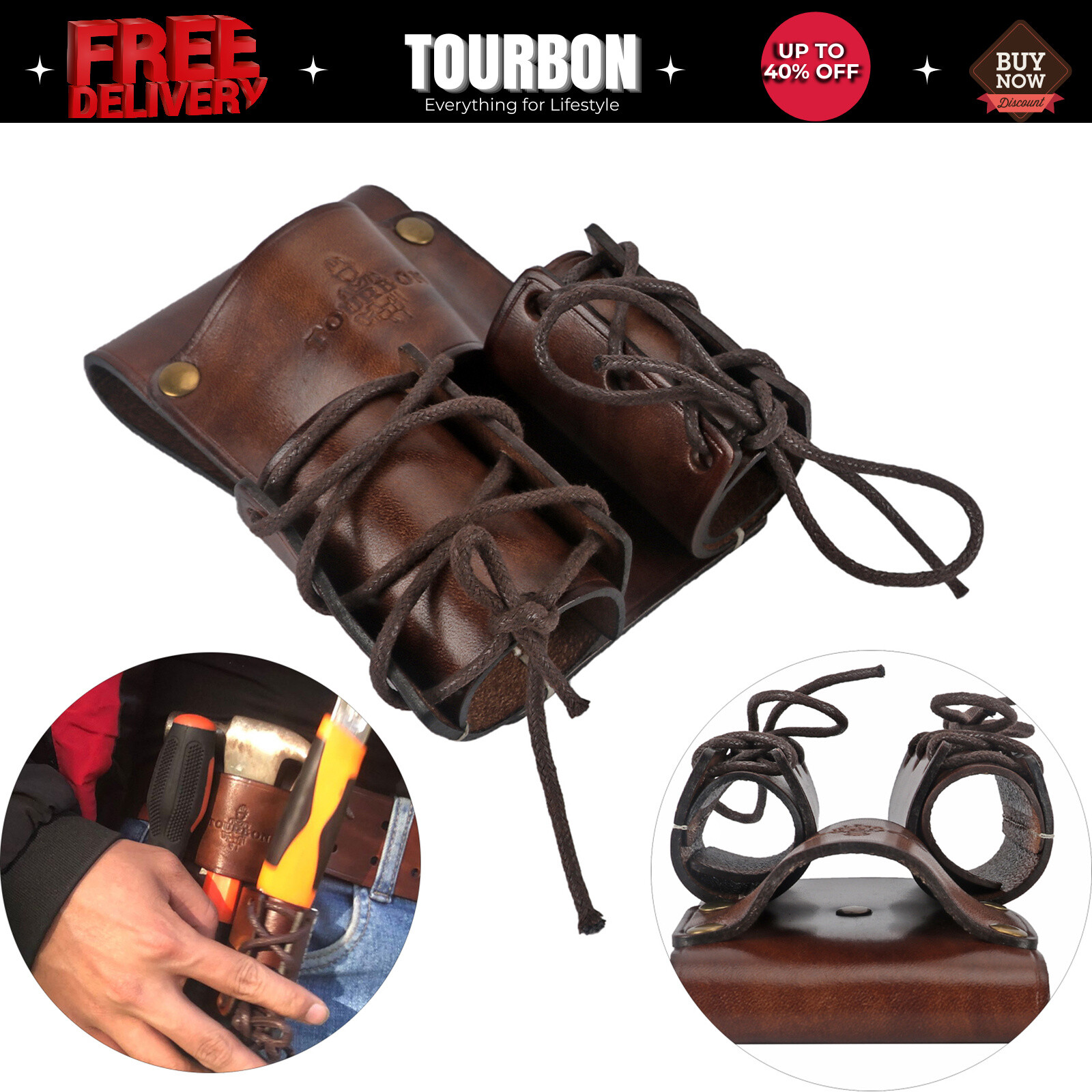 TOURBON Leather Spud Wrench Hanger Tools Carry Double Bull Pin Holder Belt Pouch