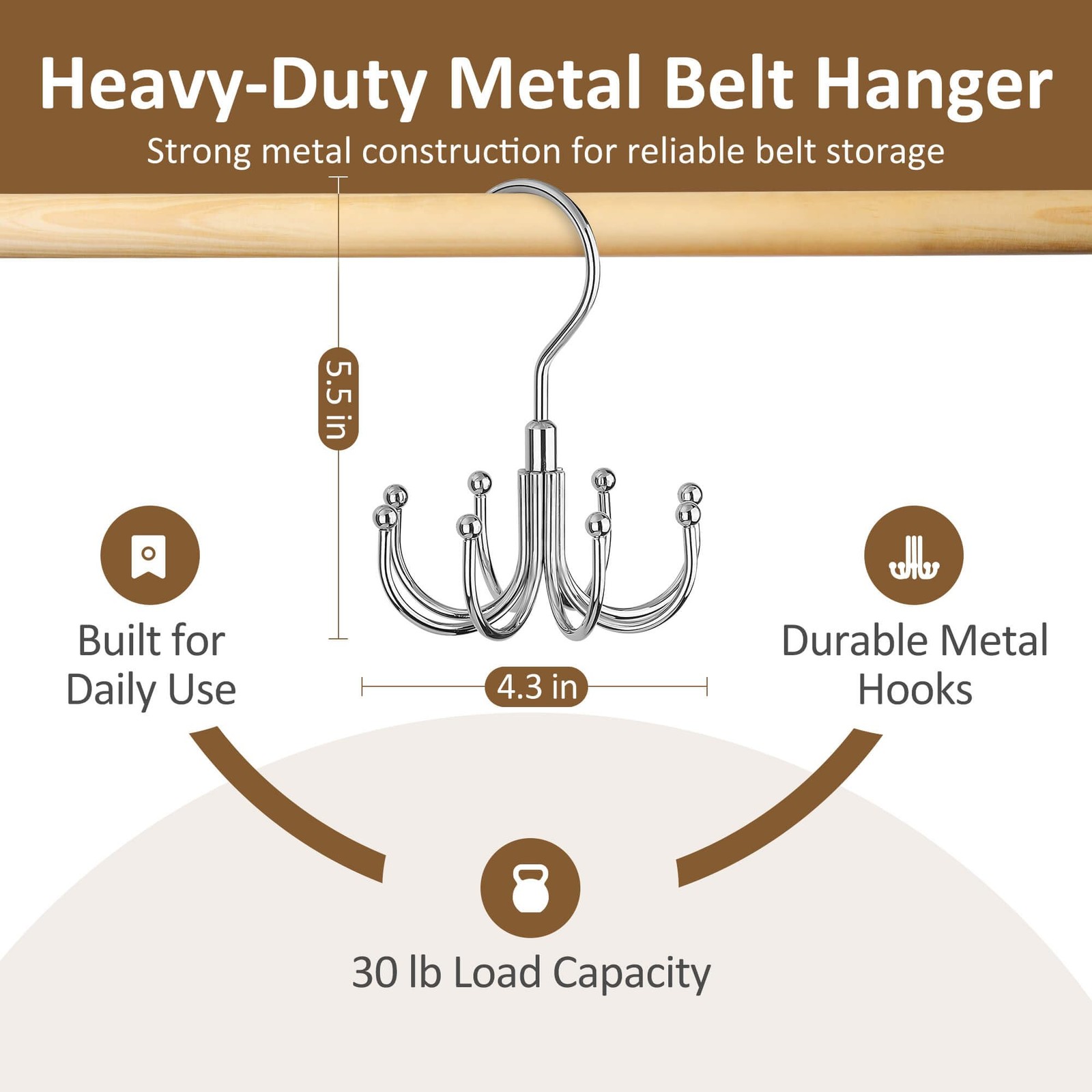 ZEDODIER Belt Organizer for Closet, 1 Pack–Round Hook Hanger, Silver