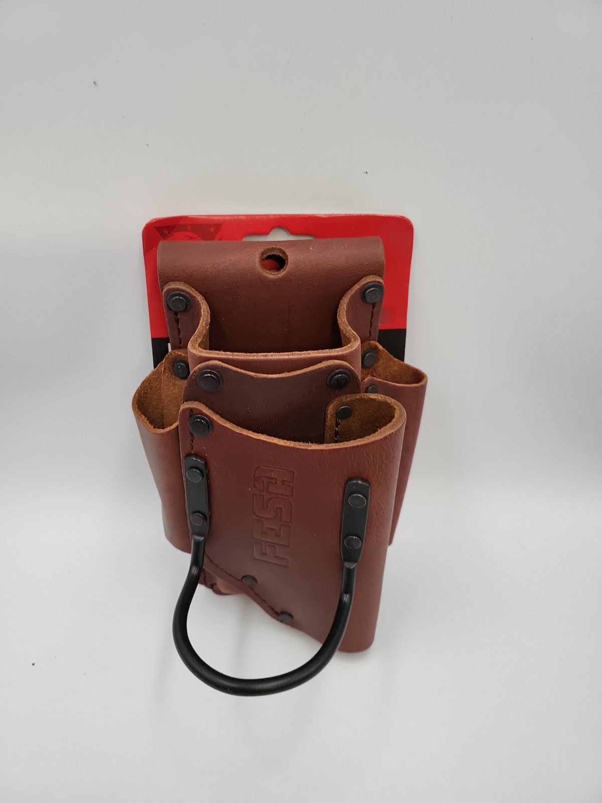 FESA Small Leather Tool Pouch, Heavy Duty, 5-Pocket, Hammer Loop, Cherry