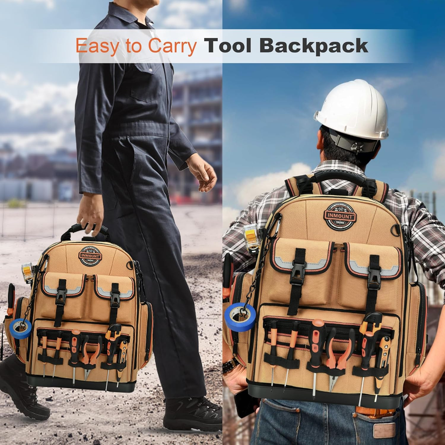 Heavy Duty Tool Backpack with 2 Bags, Laptop Compartment & Lock, Water-Resistant