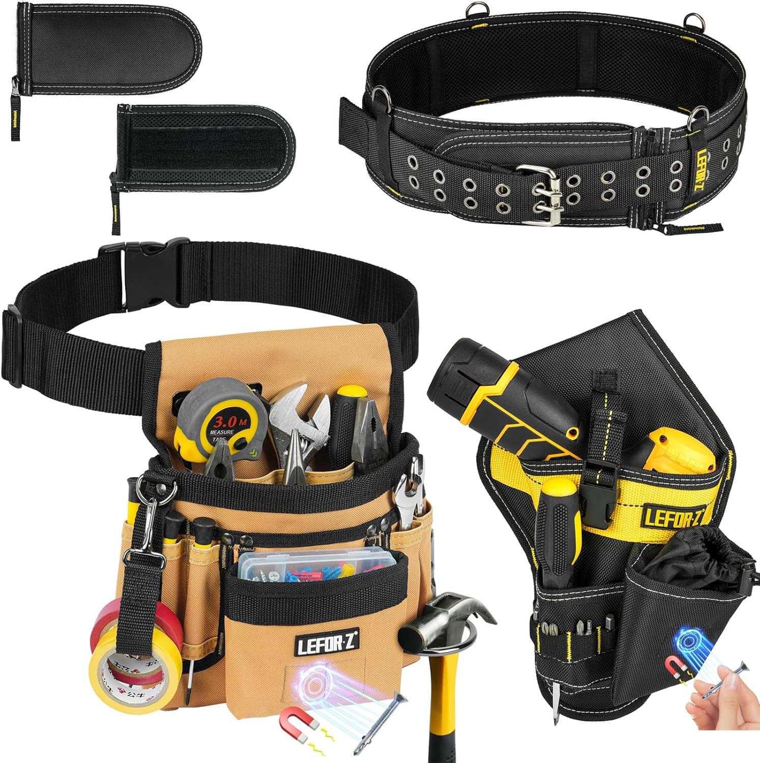 3-in-1 Magnetic Tool Belt with Padded Holster for Pros and DIYers