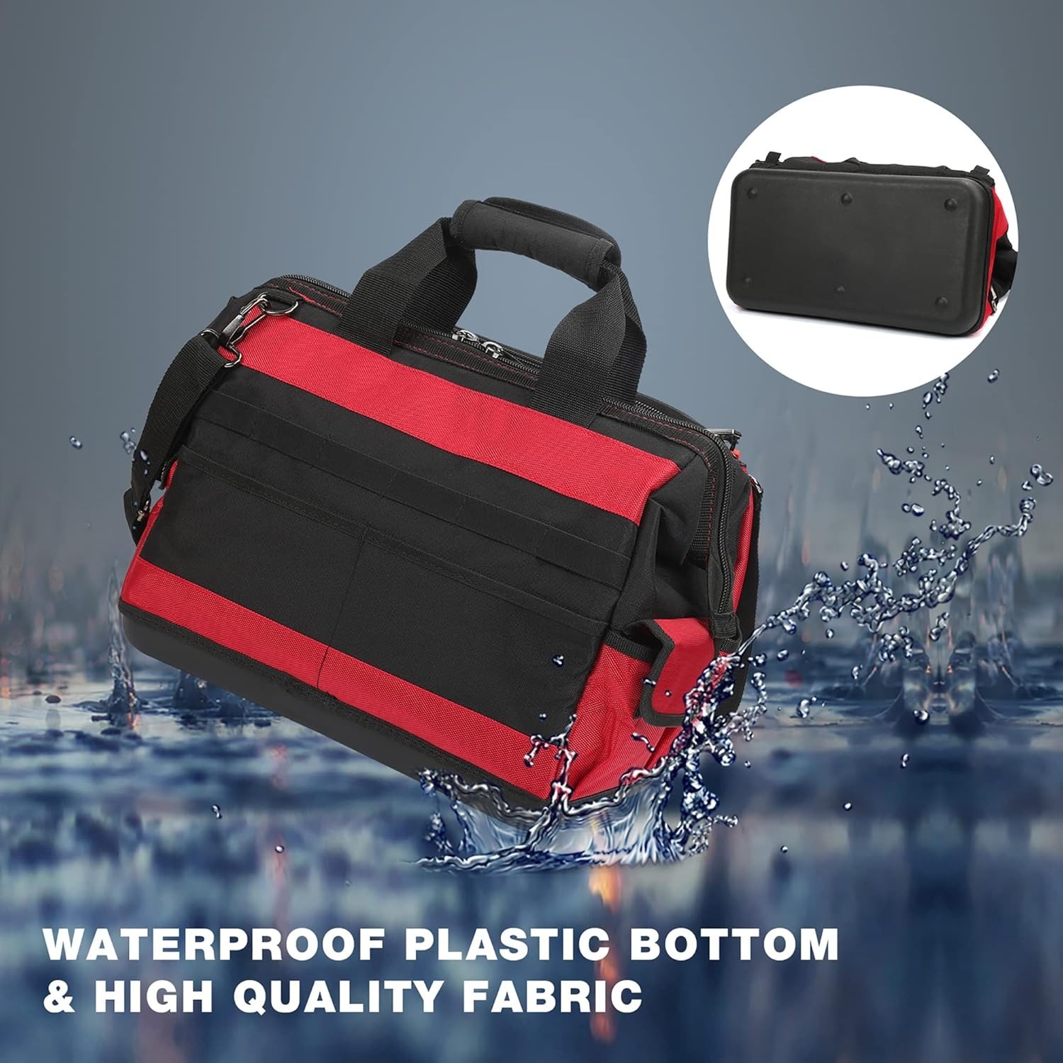 16″ Top Wide Mouth Tool Bag with Water Proof Rubber Base, Multi-Compartment, …