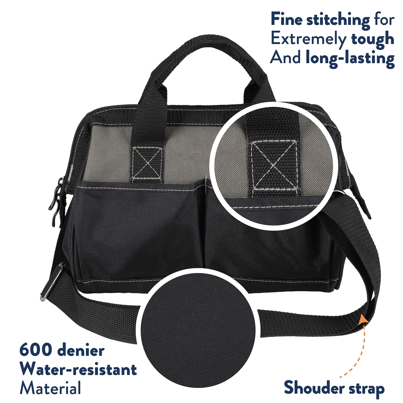 15 Inch Heavy Duty Tool Bag with 8 Pockets Adjustable Shoulder Strap