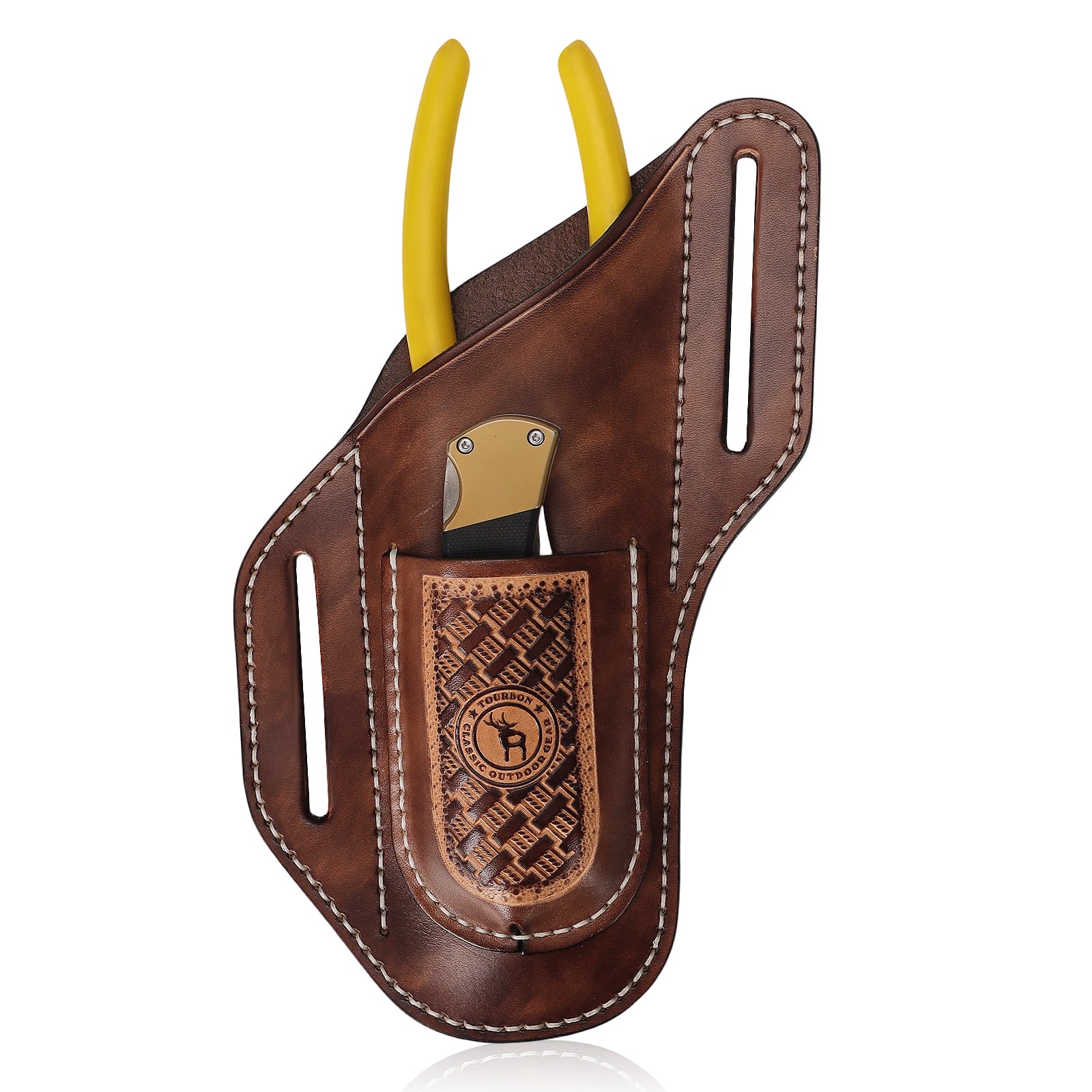 TOURBON 2-in-1 Leather Tool Pouch Angled Cross Draw Folding Knife Pliers Holster