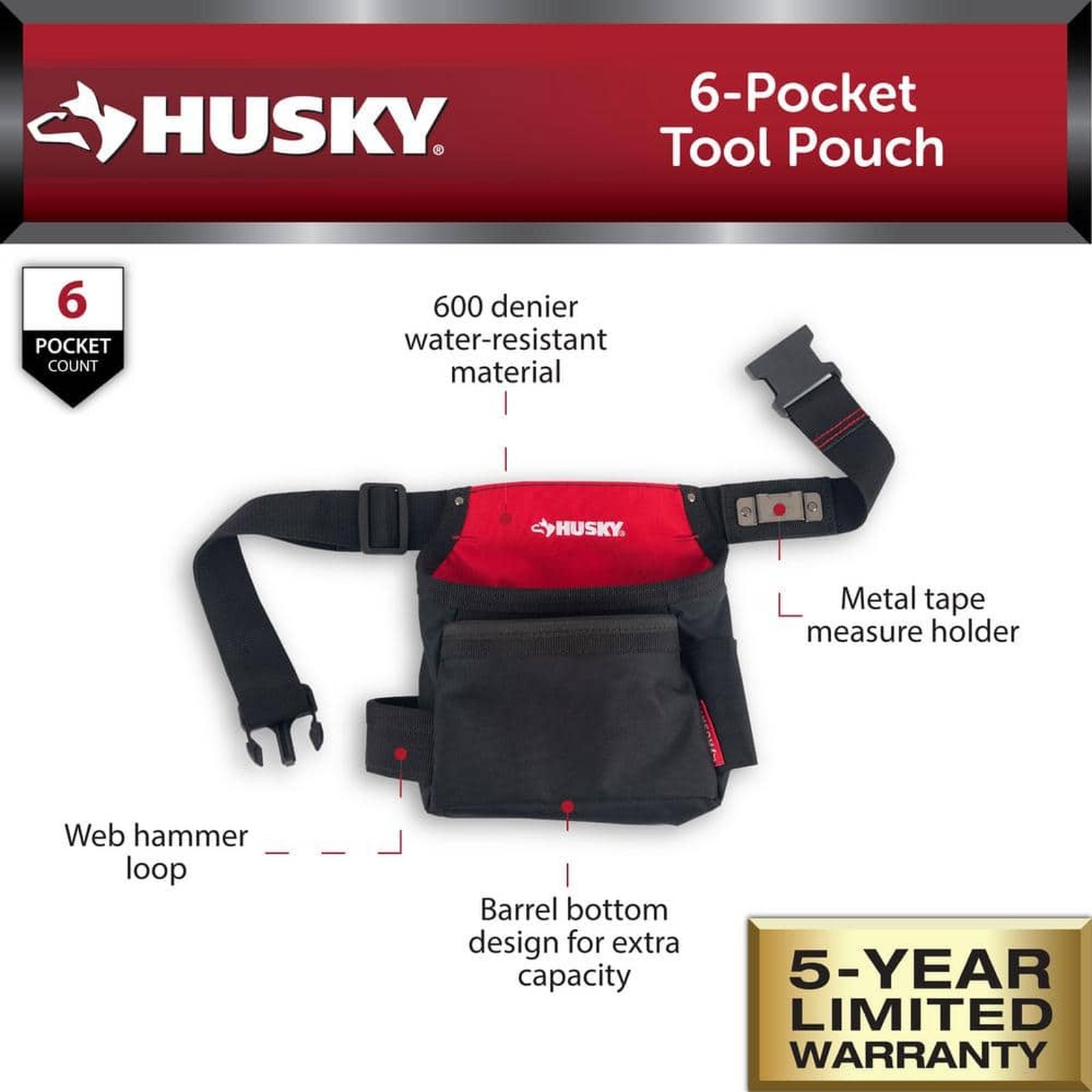 Husky 6-Pocket Tool Pouch for Jobsite – Comfortable Tool Belt