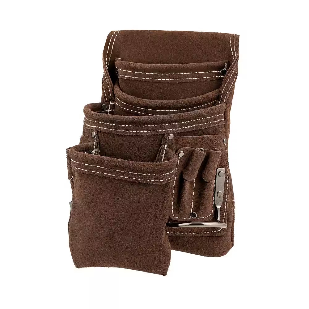 10 Pocket Suede Leather Work Tool Belt Pouch with Steel Hammer Loop and Tape Mea