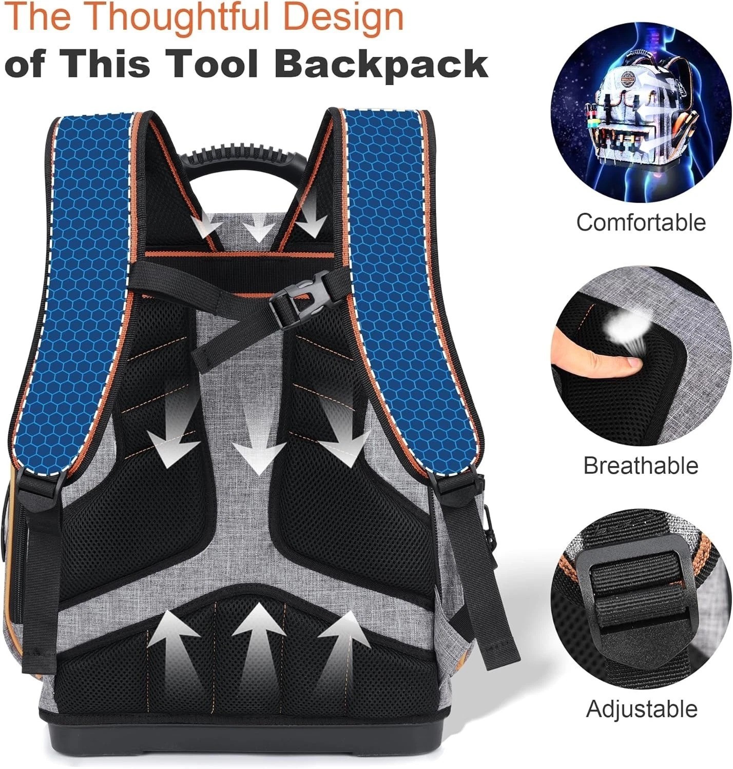 Professional Tool Backpack: Gray, 1680D Ballistic, Laptop Compartment