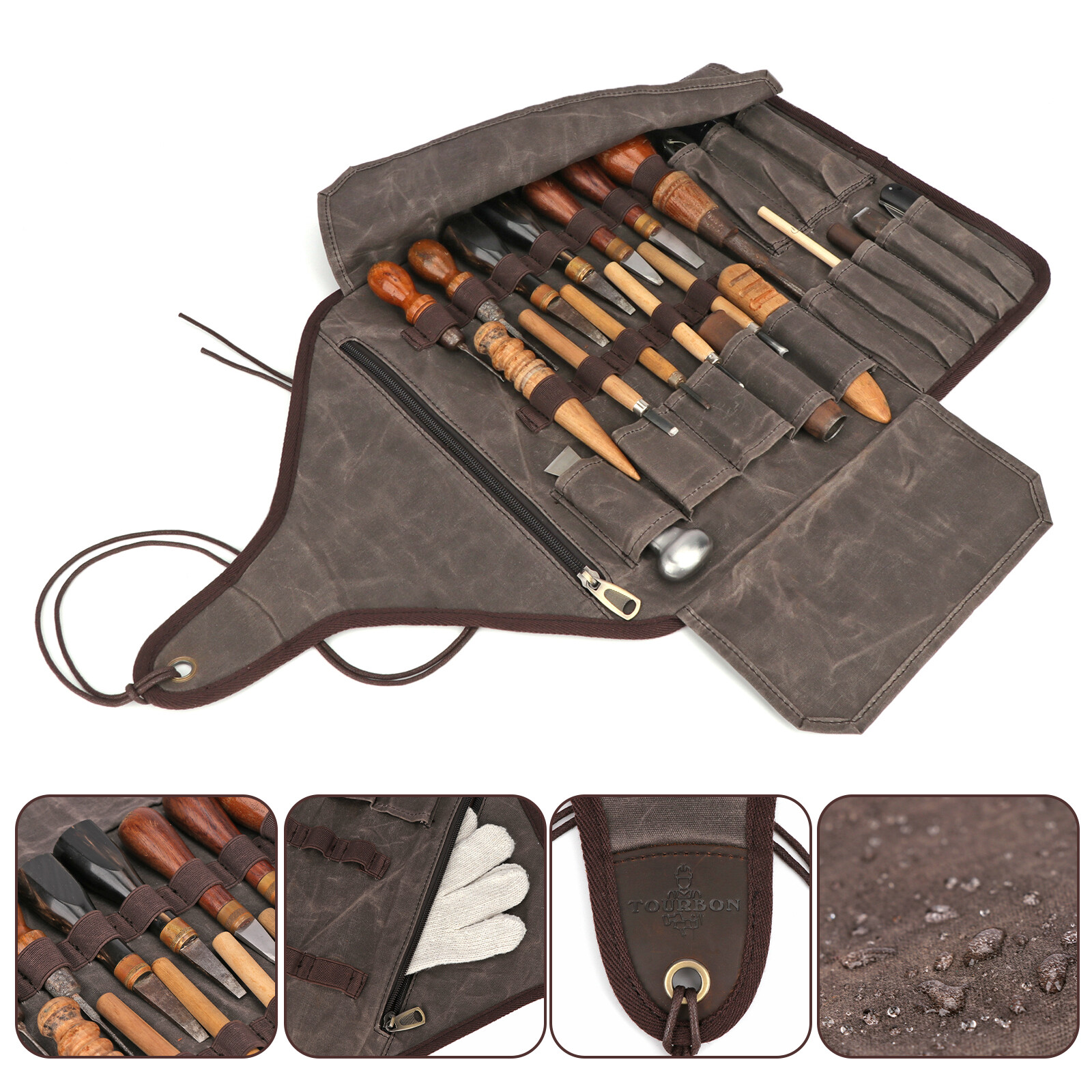 TOURBON Vintage Wax Canvas Carving Tool Organizer Bag Roll up Storage Holder