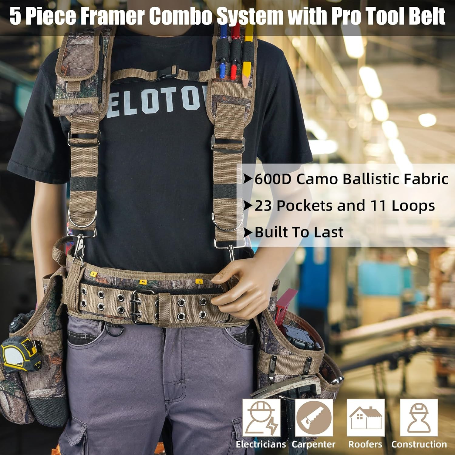 Heavy-Duty Camouflage Tool Belt with Suspenders for Electricians and Carpenters