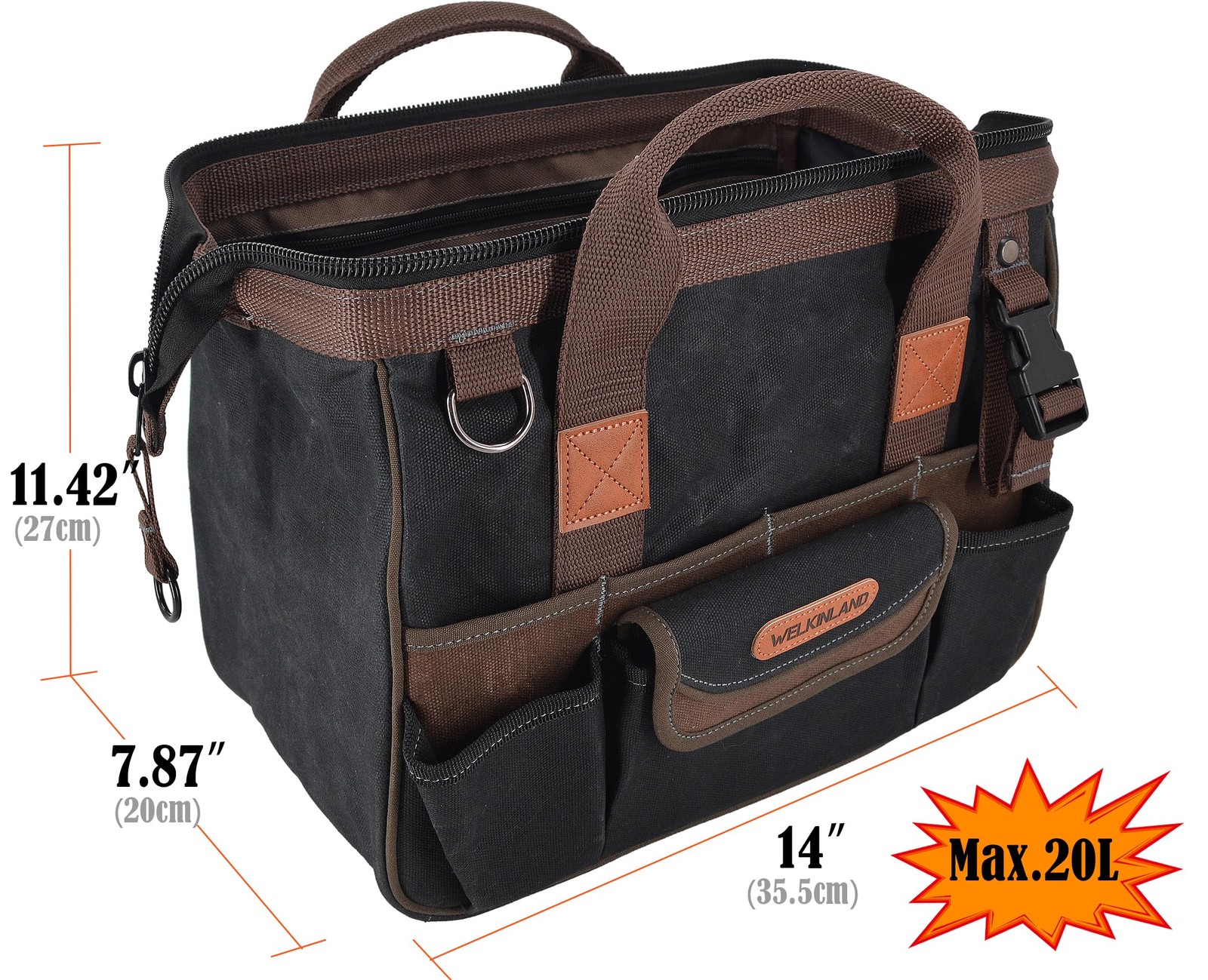WELKINLAND 30-Pockets Canvas tool bag, 14-Inch Heavy Duty tool bag, Waxed Canvas