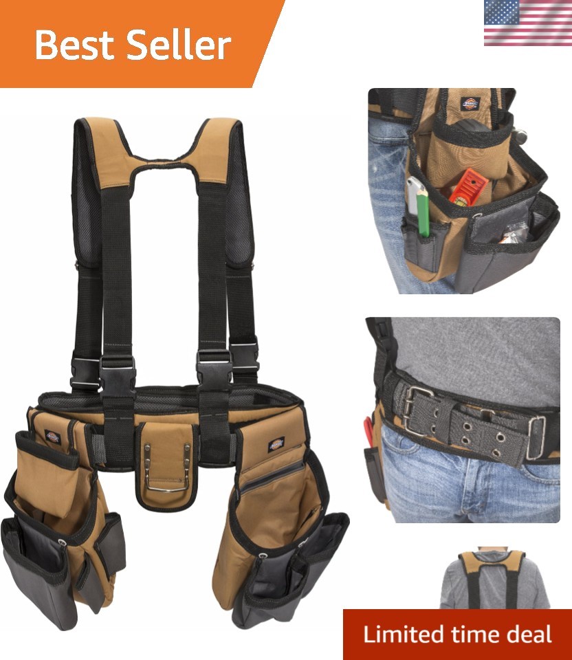 4-Piece Carpenter’s Rig, Padded Tool Belt Suspenders, Cooling Mesh, Leather T…