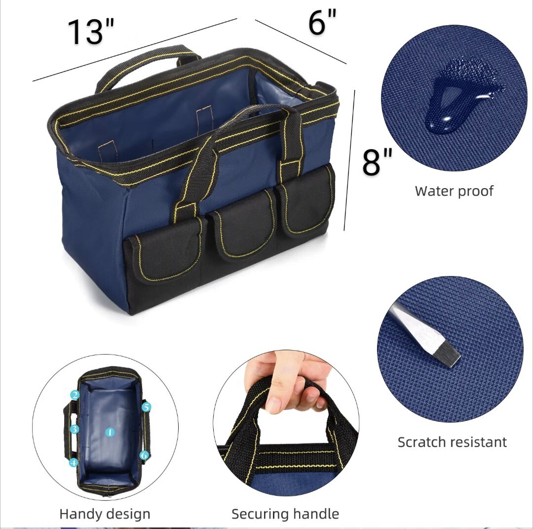 13in Water Resistant Tool Bag, Wide Mouth, Side Pockets.