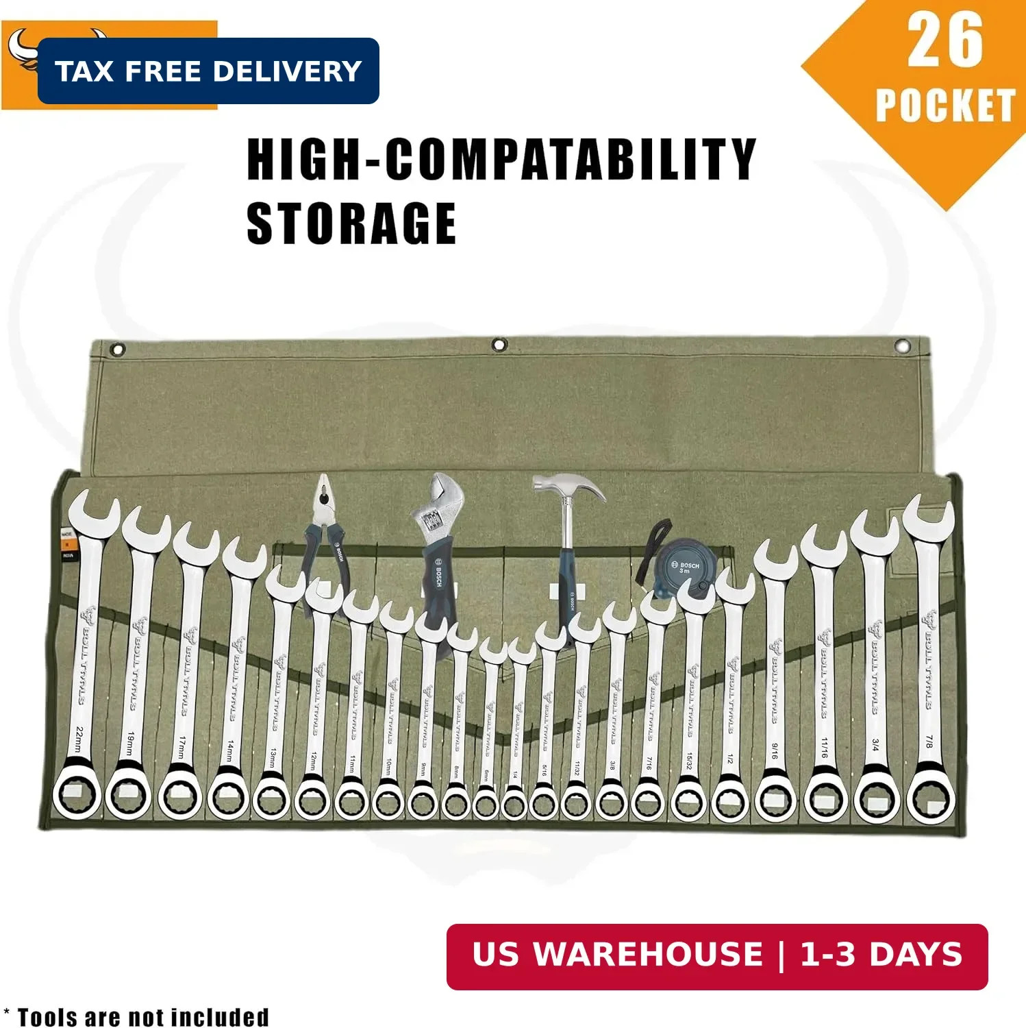 BULL TOOLS Wrench Roll, 26 Pocket Tool Pouch, Tool Bag Wrench Organizer Metric &