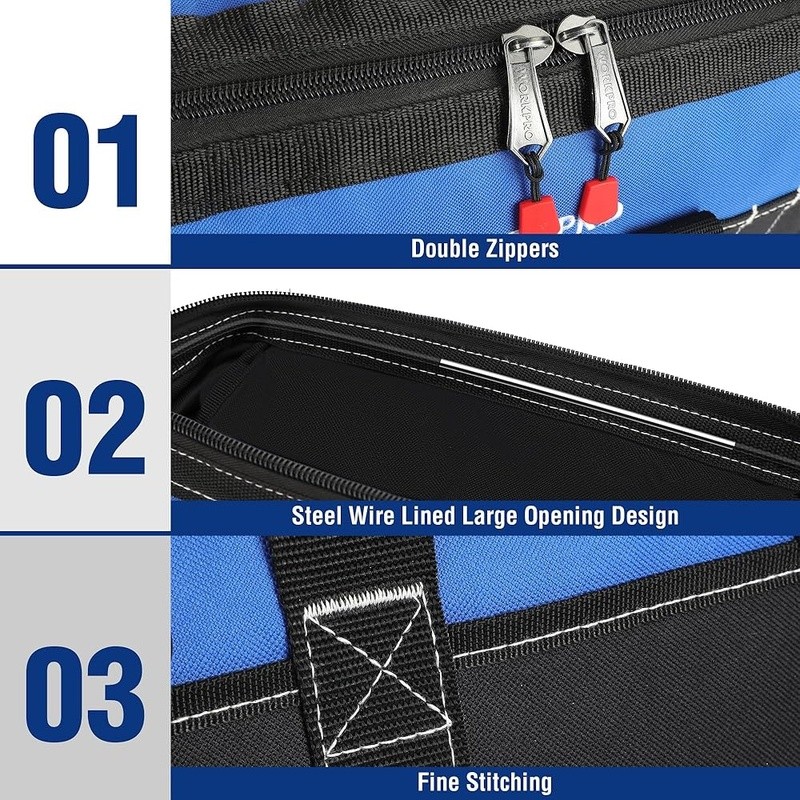 Durable Tool Bag Waterproof Multi Pockets Wide Open Double Zipper Design New
