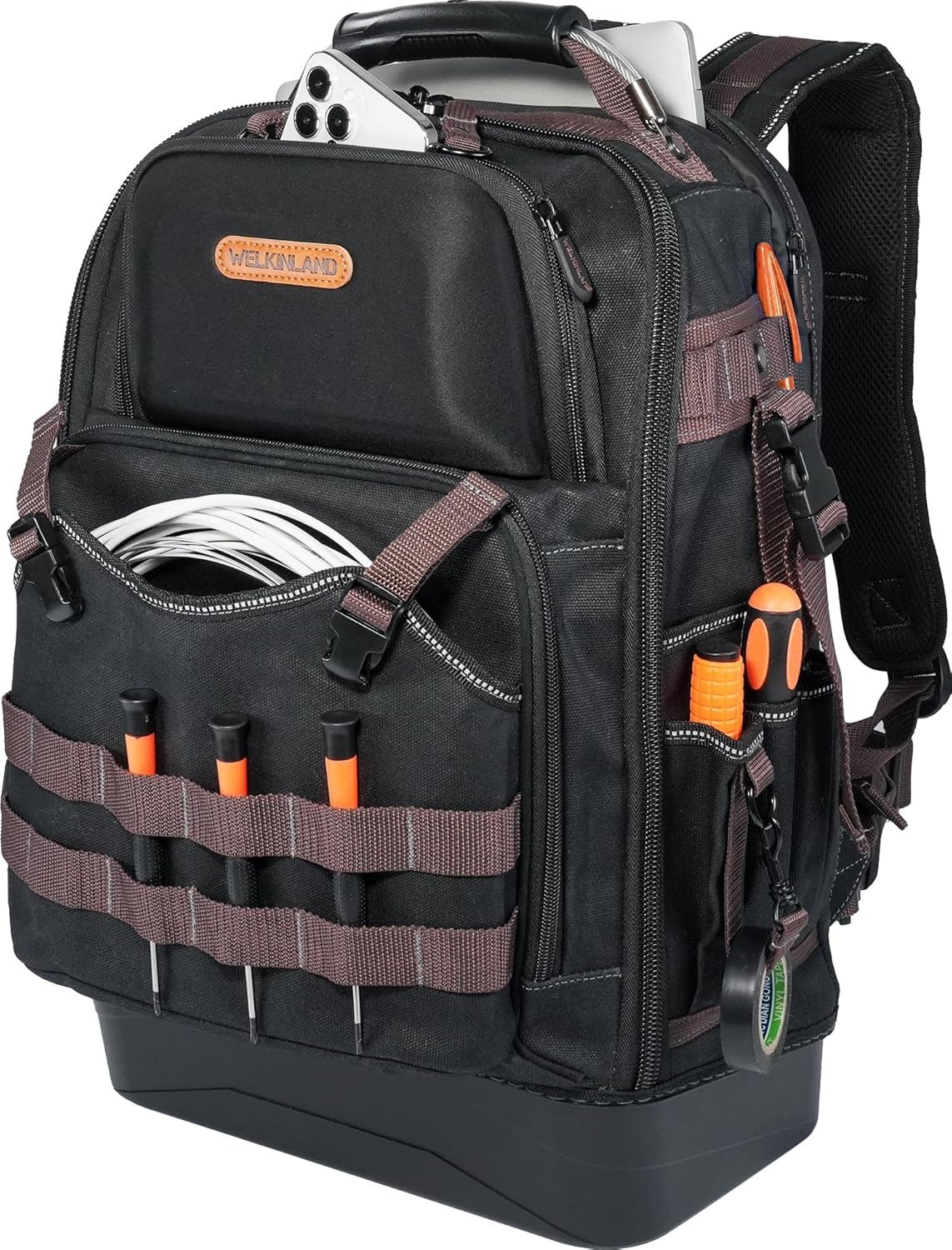 WELKINLAND 76 Pocket Hard Bottom Tool Backpack w/ 16″ Laptop Compartment