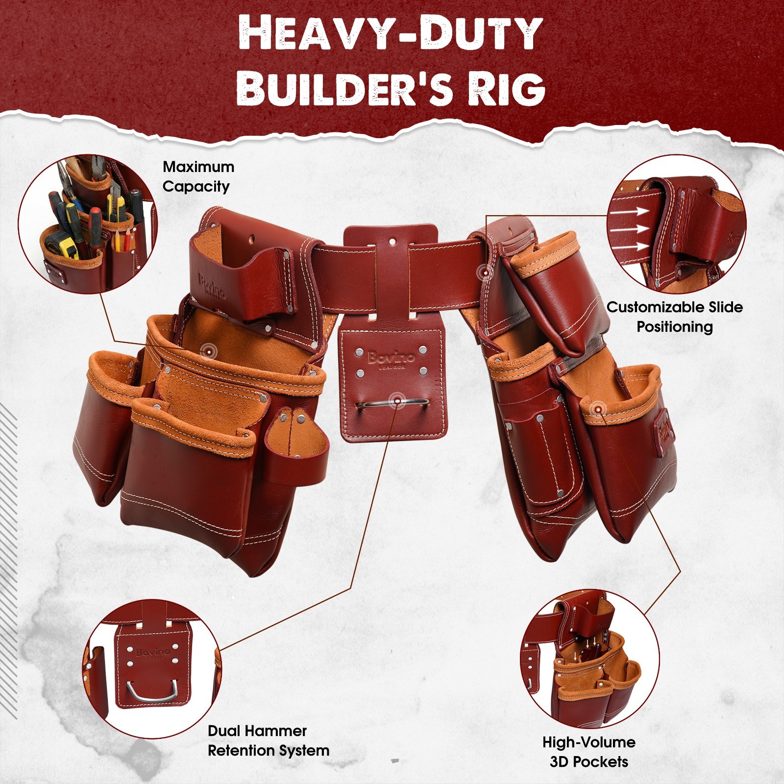 Bovino Leather Tool Belt, 20 Pocket Framers Pouch, Dual Pouches, Hammer Holder