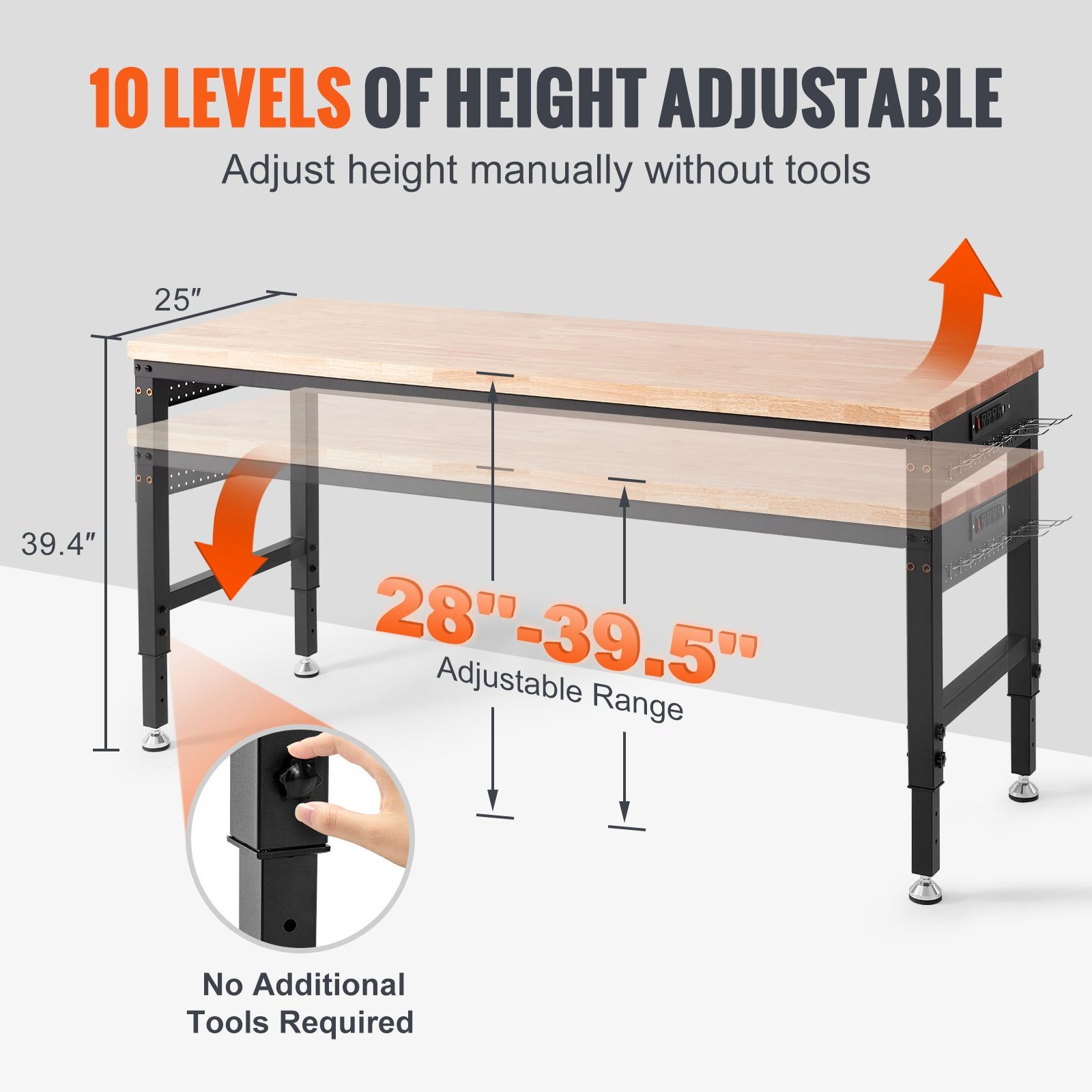 Adjustable Workbench, 72″ L X 25″ W Garage Worktable with Universal Wheels, 28