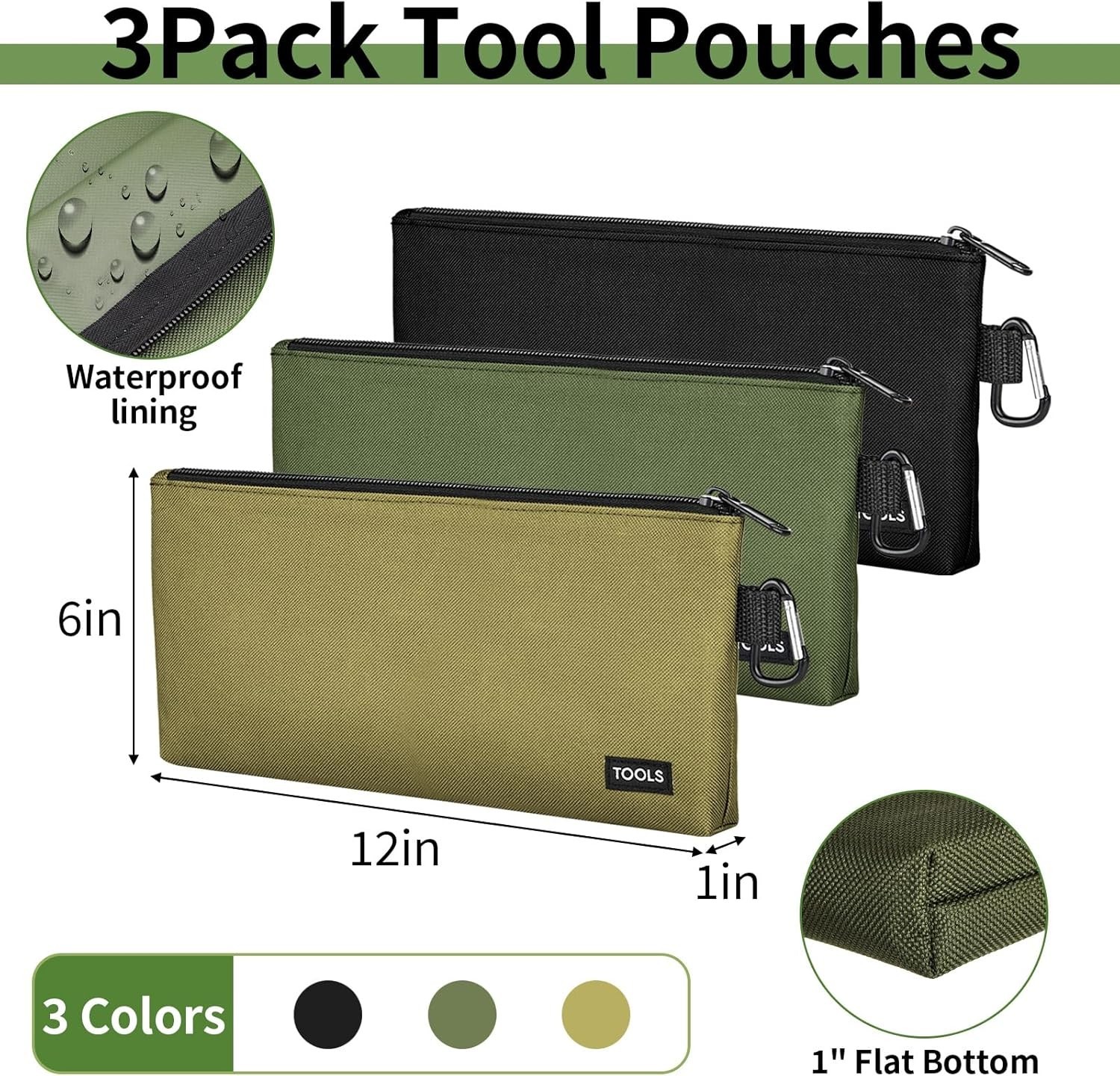 3-Pack Tool Pouches with Zipper & Carabiner Heavy Duty Utility Storage Bags