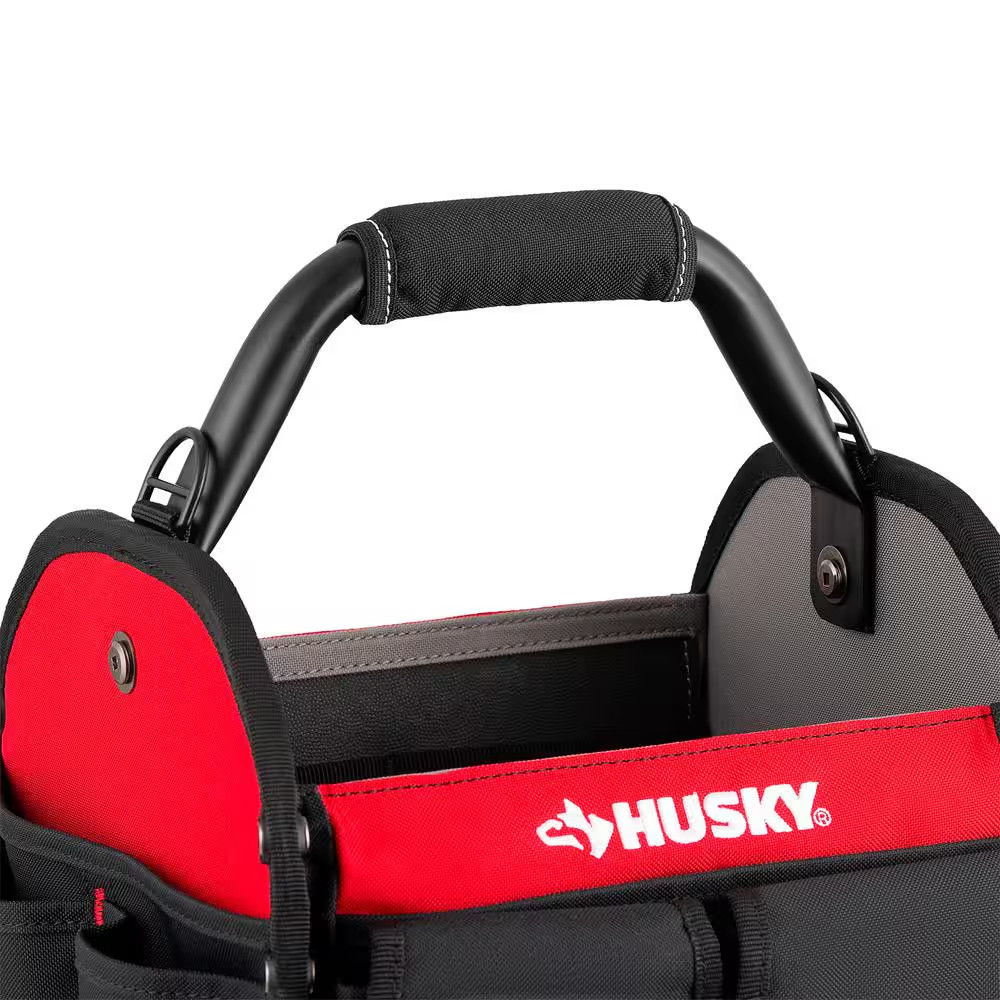 Husky Tool Bag 10 in 15 Pocket Open Top Tote Water Resistant Rotating Handle
