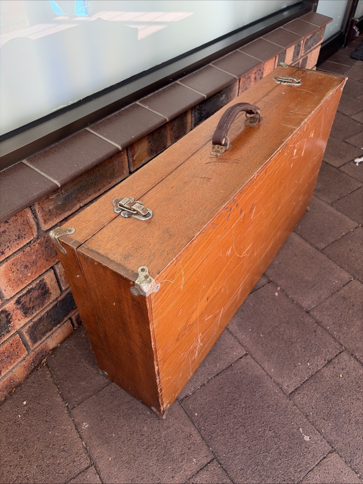 Vintage Wooden Box Suitcase Case with Leather Handle 76 X 41 X 17cm